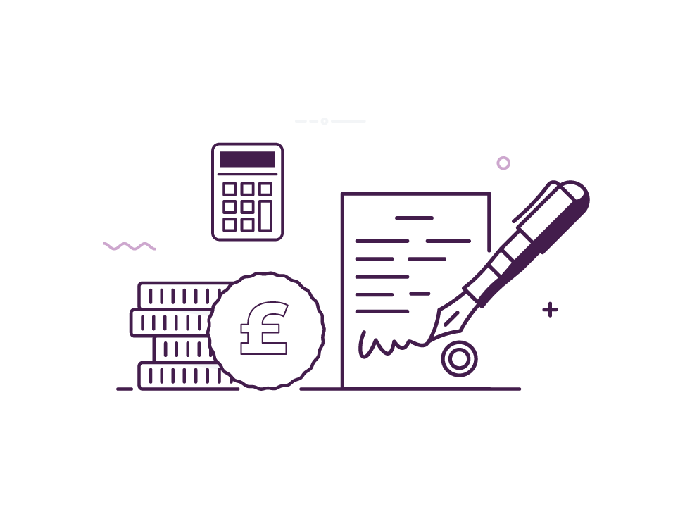 A stylised image icon showing a calculator, pound and pen signing a document