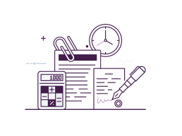 An stylised image icon of calculator, pen, clipboard and clock