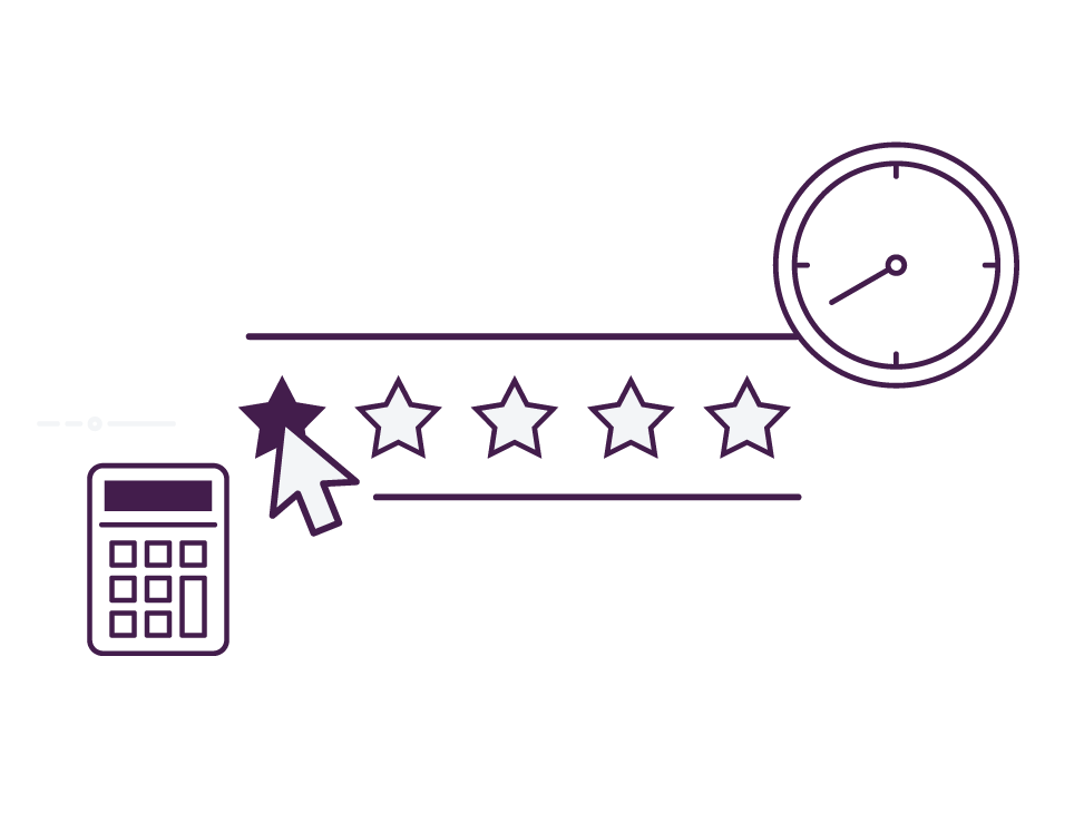 A stylised image icon showing reviews selection, a calculator and clock