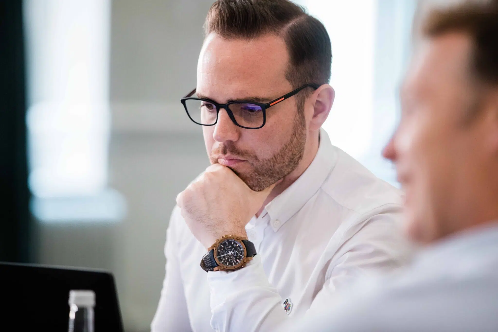 An image of Adam Wood in a meeting looking thoughtful at Hotel du Vin on 01 Jun 2021
