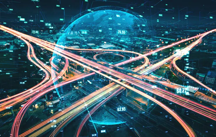 Futuristic road transportation technology with digital data transfer graphic showing concept of traffic big data analytic and internet of things.