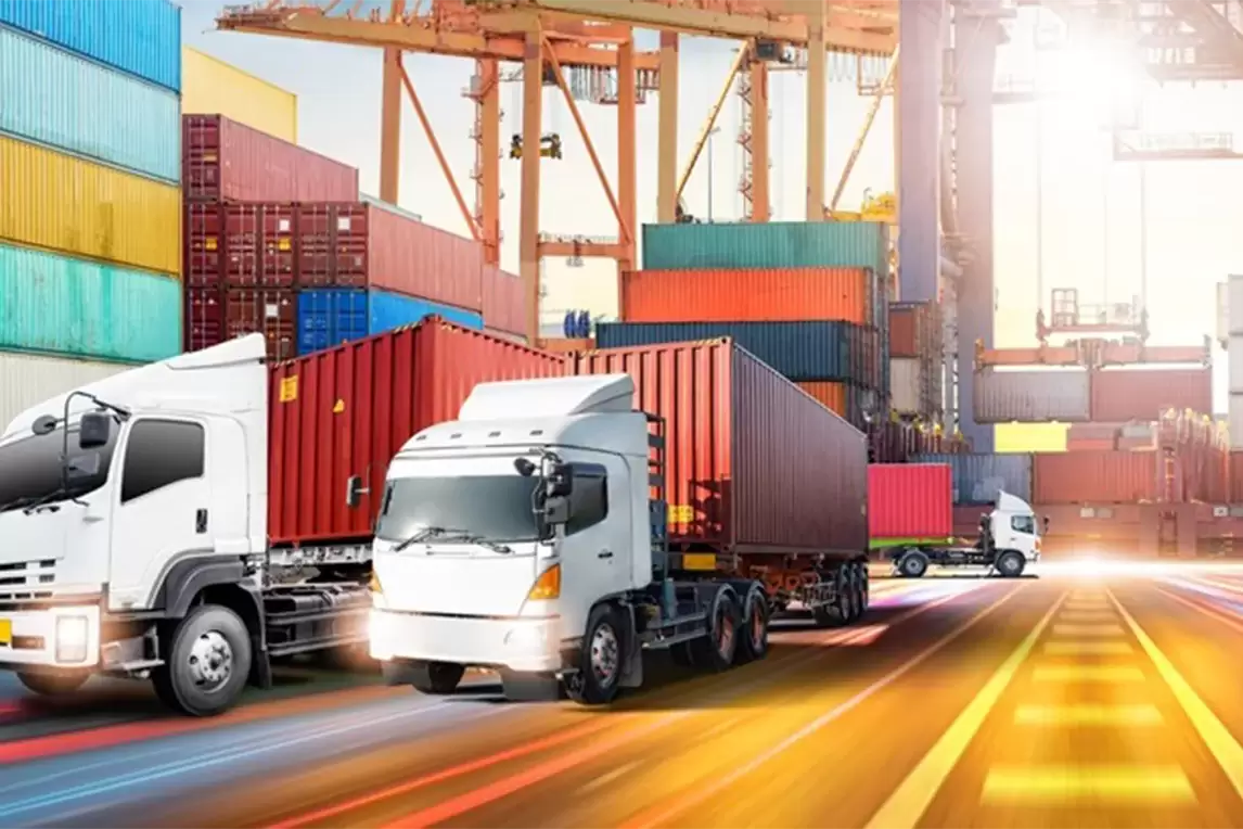 Stylised image of lorries and containers at a shipyard