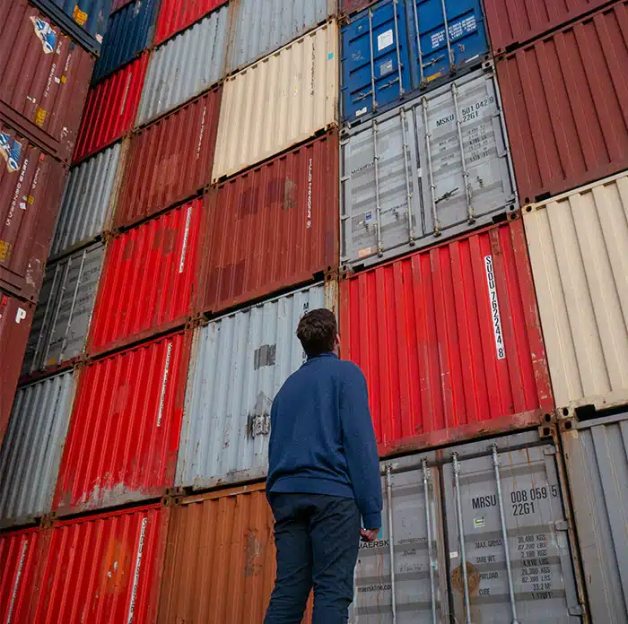 An image of a man looking up at imported shipping containers