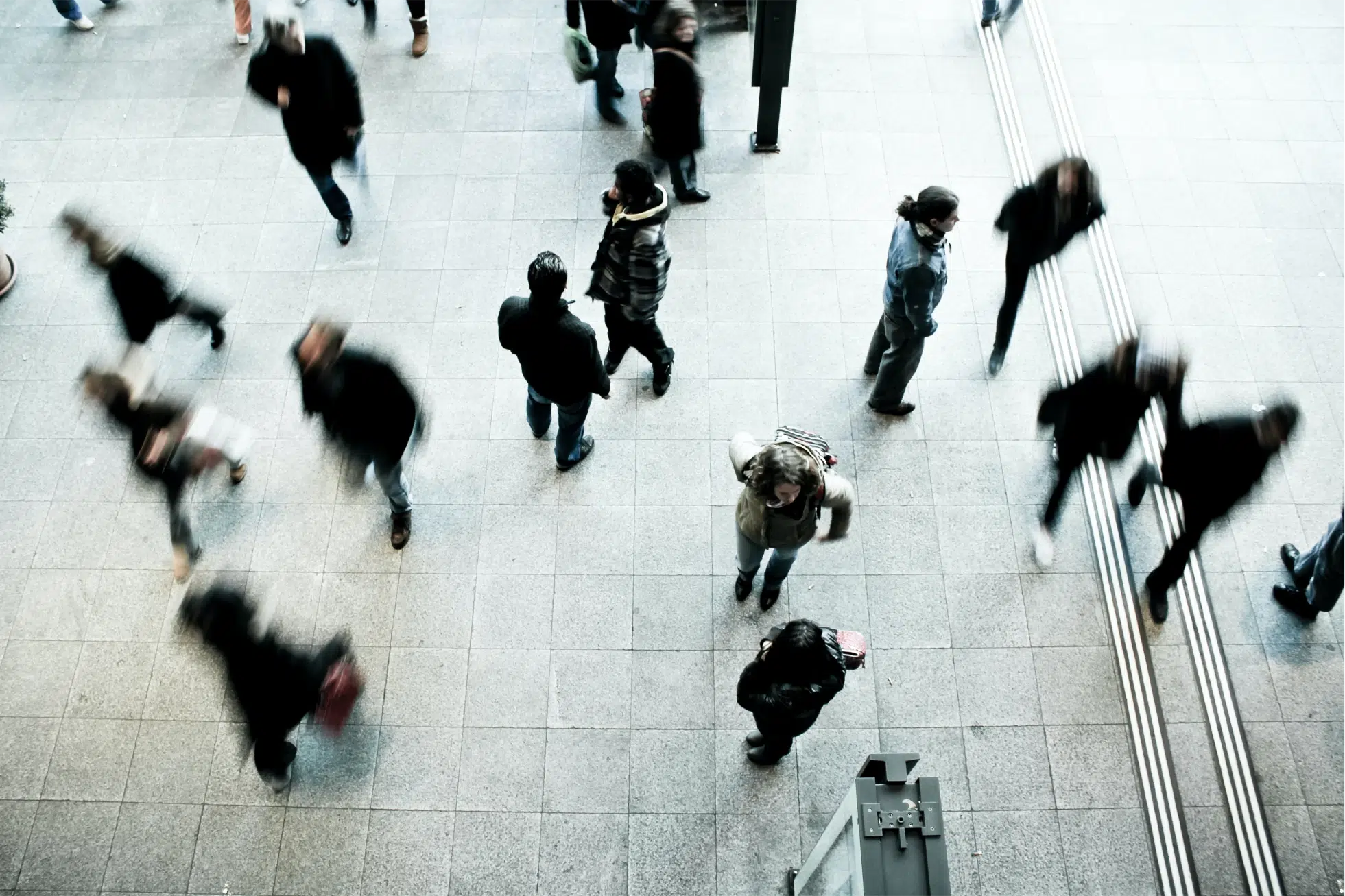 An aerial image of pedestrians walking.