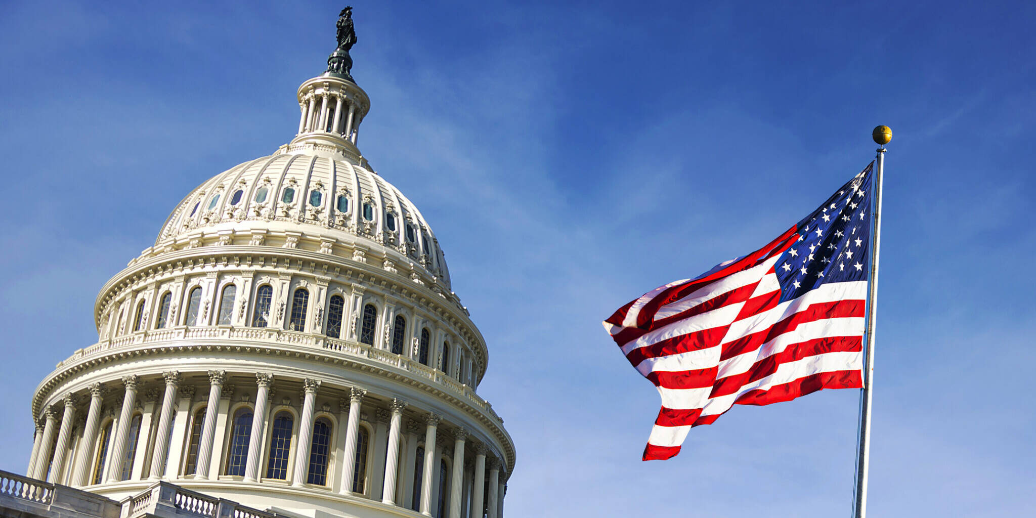 American flag waving with the Capitol Hill in the background
