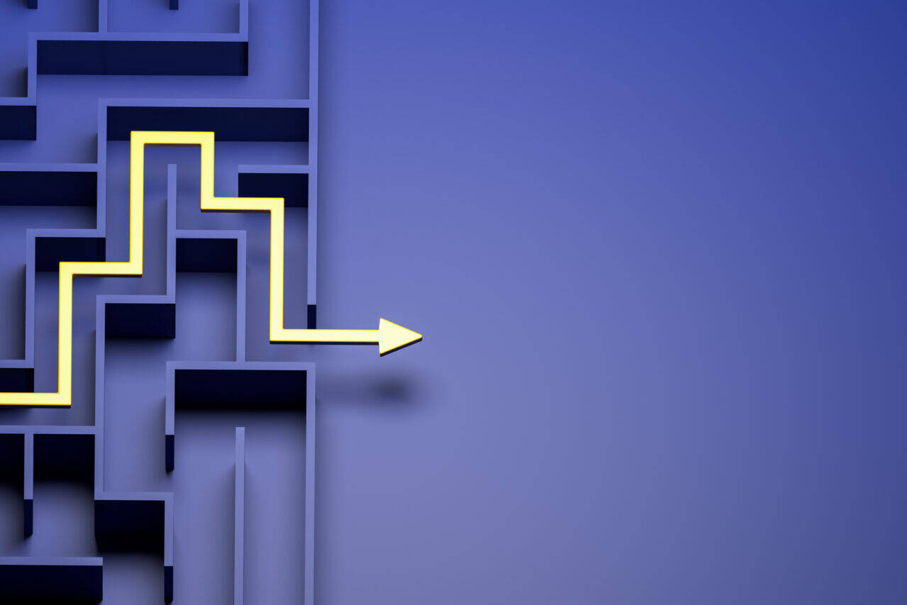 a blue maze with a yellow arrow pointing out of the exit.