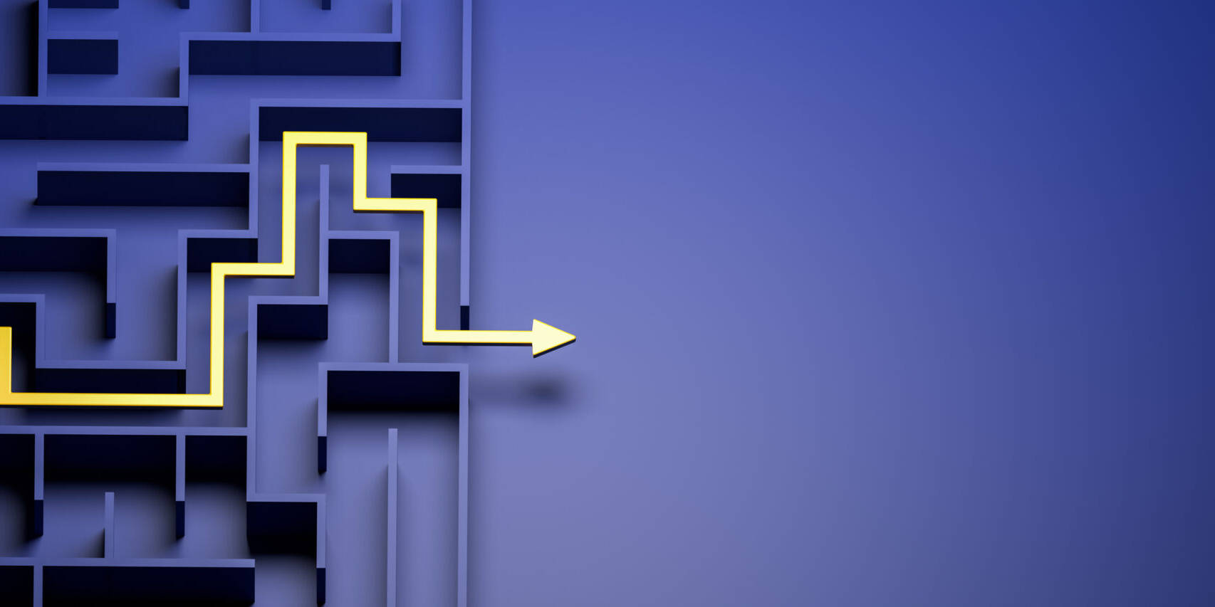 a blue maze with a yellow arrow pointing out of the exit.