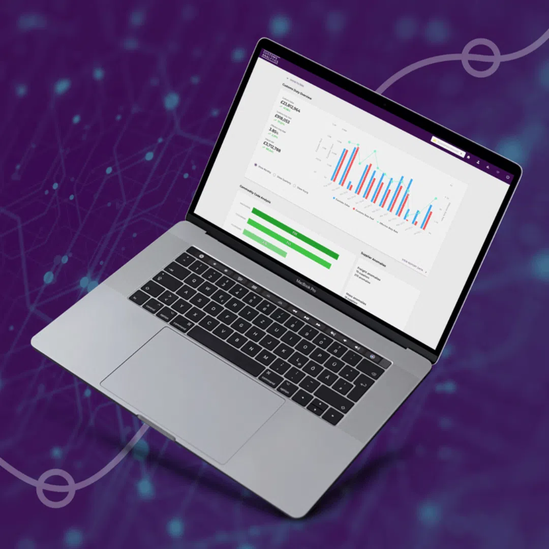 a laptop with a screen showing the dashboard for cat360 customs analytics software